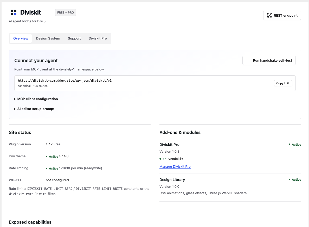 Diviskit Agent Dashboard: Connect-Card mit REST-Endpoint, Site-Status und aktiven Add-ons