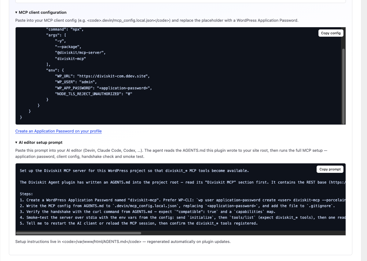 MCP-Client-Konfiguration und AI-Editor-Setup-Prompt im Diviskit Agent Dashboard