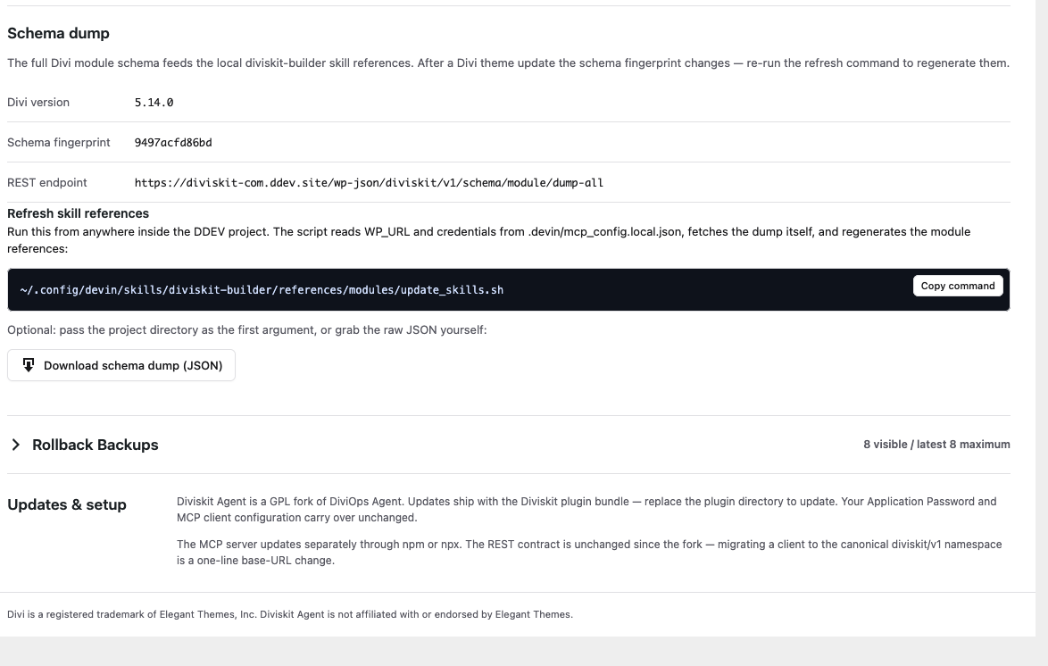Schema-Dump-Karte: Divi-5-Modulschema mit Fingerprint und Refresh-Kommando