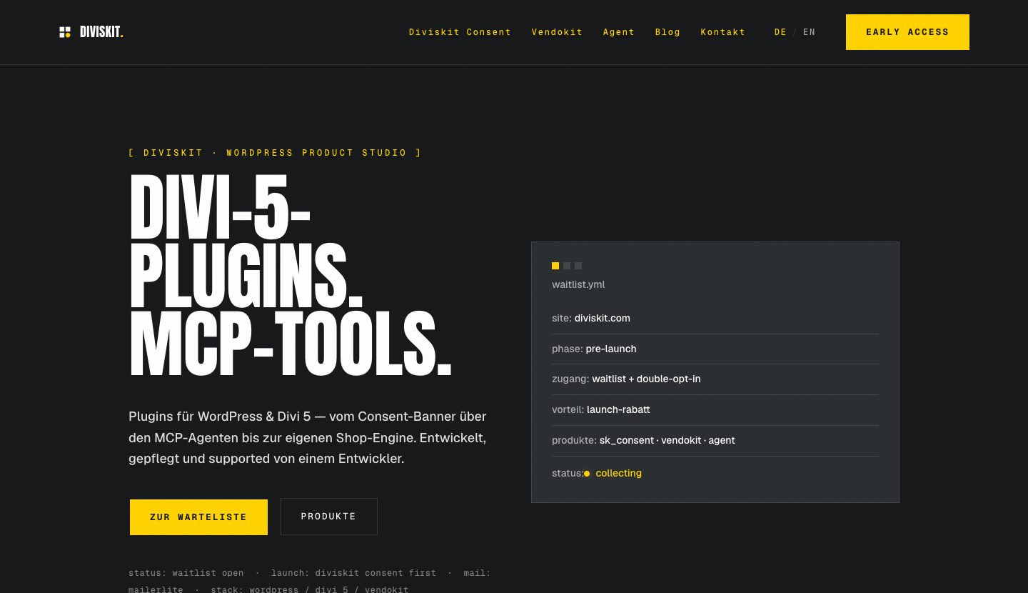 diviskit.com: Startseite, mit dem Diviskit Agent in Divi 5 gebaut