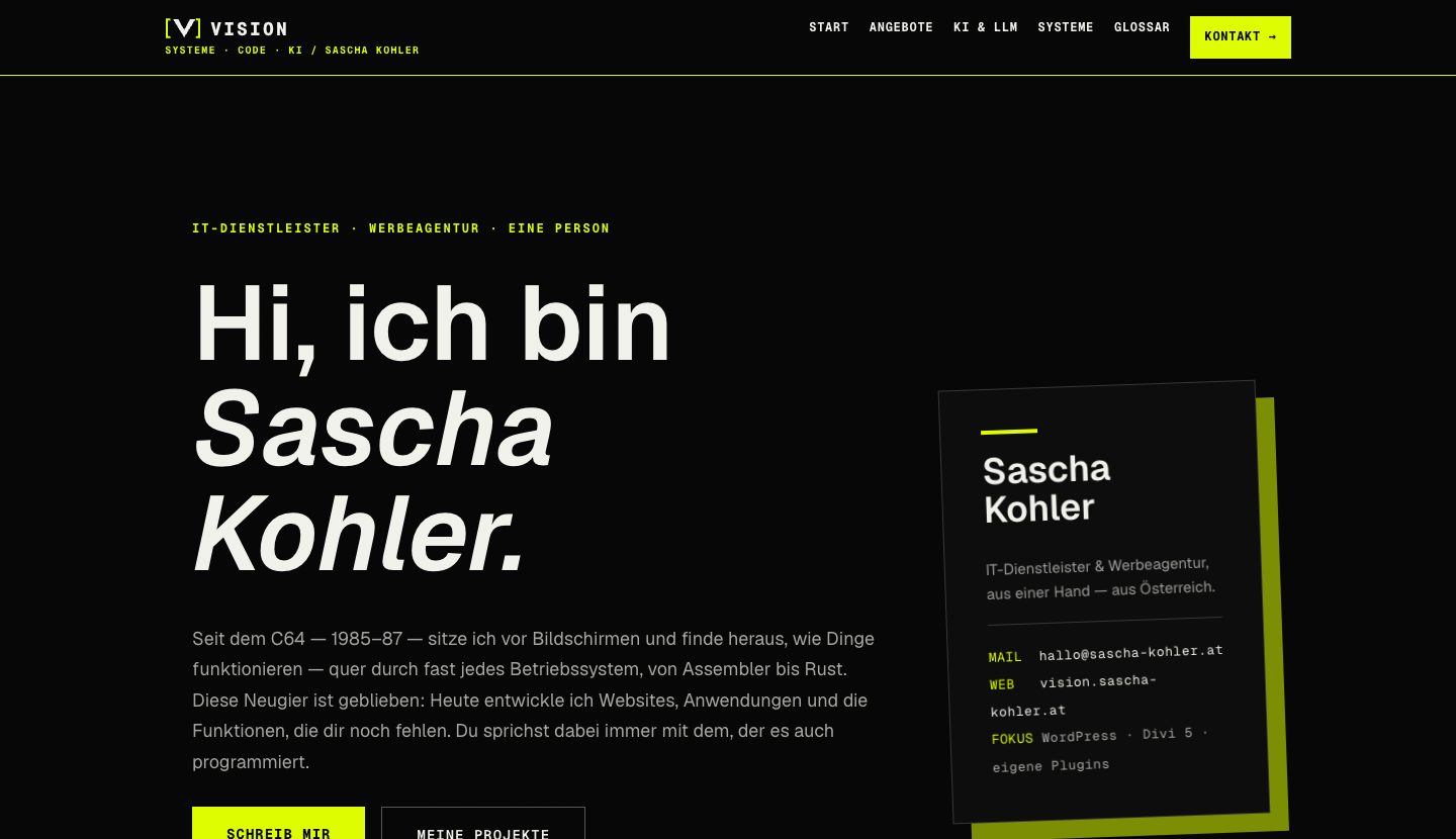 vision.sascha-kohler.at: Startseite, mit dem Diviskit Agent in Divi 5 gebaut